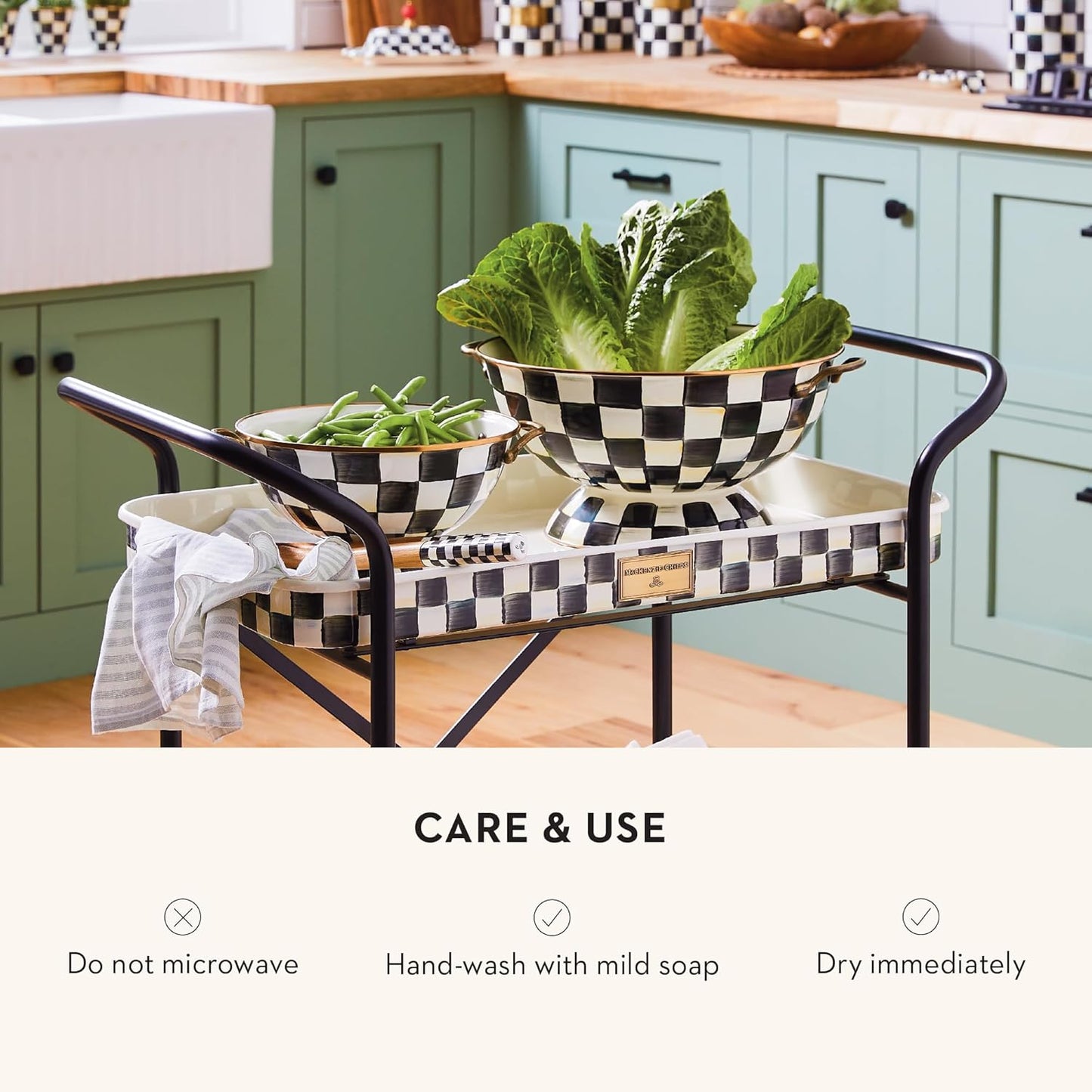 MACKENZIE-CHILDS Enamel Bowl, Serving Bowl for Entertaining, Everything Bowl, Black-and-White Courtly Check