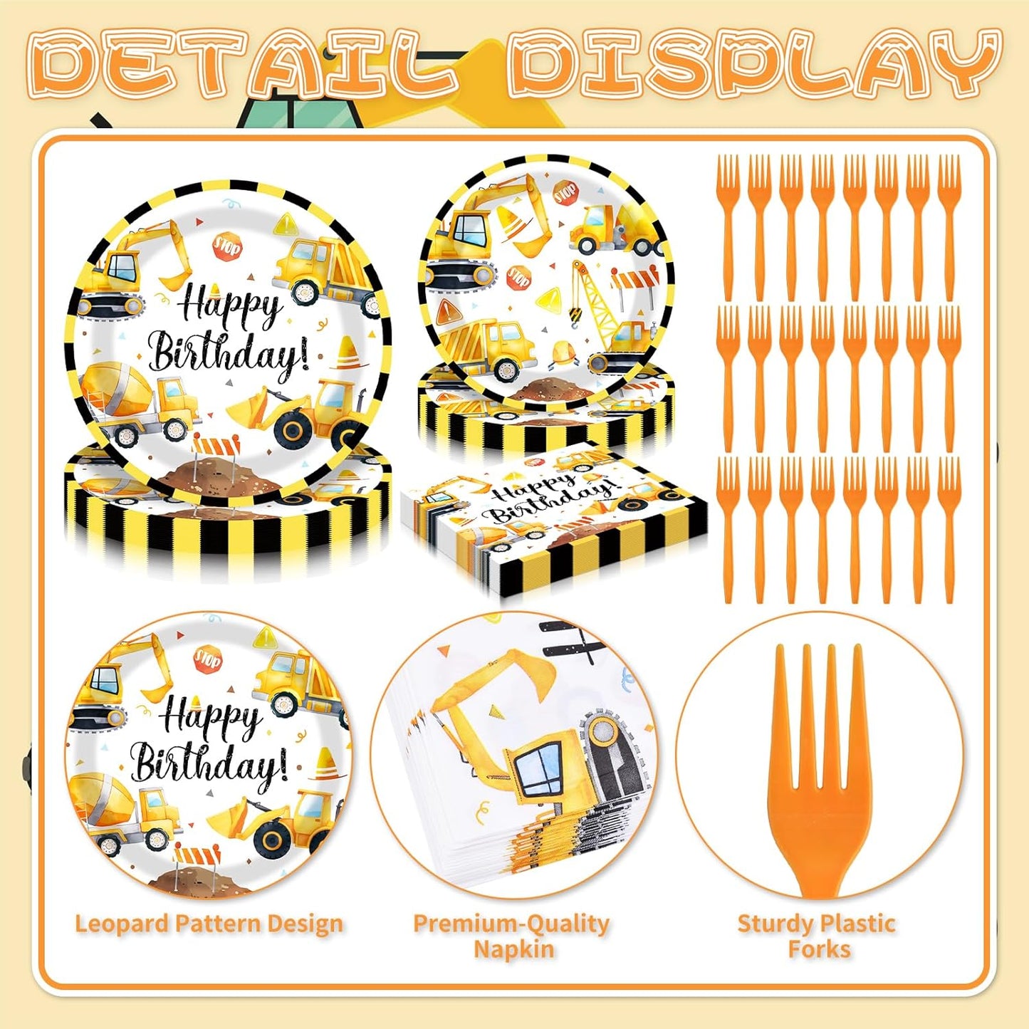 100 Pcs Construction Truck Party Tableware Set – Disposable Vehicle Theme Plates, Napkins, and Forks for Boys Birthday Parties and Truck-Themed Celebrations – Serves 25
