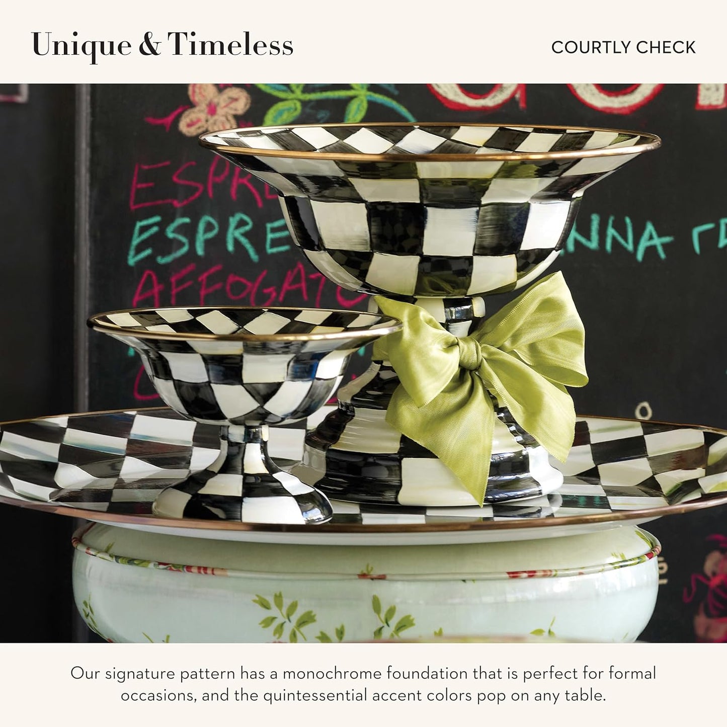 MACKENZIE-CHILDS Enamel Compote, Cute Enamel Pedestal Serving Dish or Decorative Bowl, Large, Black-and-White Courtly Check