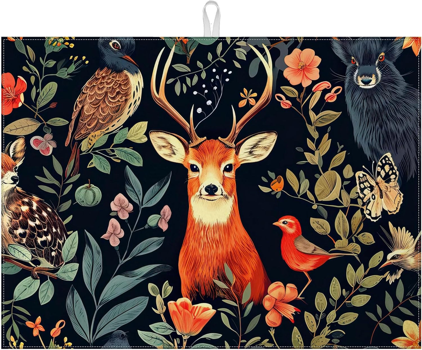 Vintage Deer Dish Drying Mat for Kitchen Counter Wild Animals Drying Pad Absorbent Reversible Dish Drainer Rack Mats Draining Pad 18"x24"Inch
