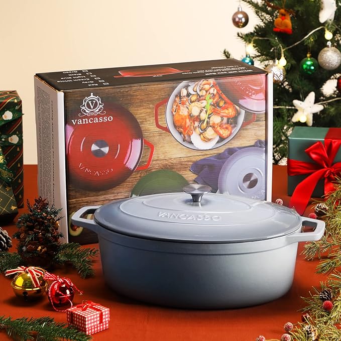 vancasso Enameled Cast Iron Dutch Oven, 9.3 Quart Dutch Oven Pot with Lid, Oval Dutch Oven Cast Iron Pot with Non Stick Enamel Coating for Bread Baking