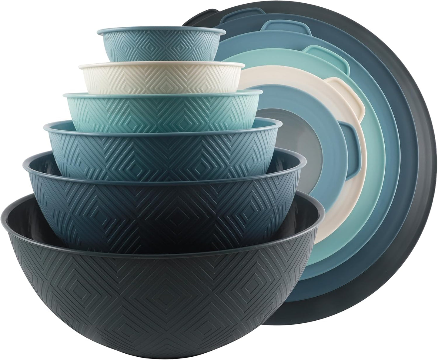 COOK WITH COLOR Mixing Bowls with Lids - 12 Piece Plastic Nesting Bowls Set includes 6 Prep Bowls and 6 Lids, Rhombus Design - Microwave Safe (Blue)