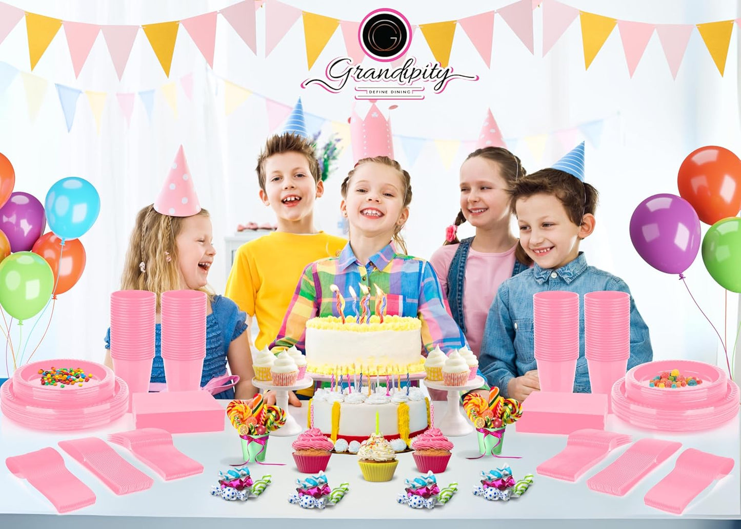 Grandipity 350 Piece Pink Disposable Dinnerware Set, Includes 50 of Each: 9" Dinner Plates, 7" Dessert Plates, 12oz Cups, Paper Napkins, Forks, Knives & Spoons