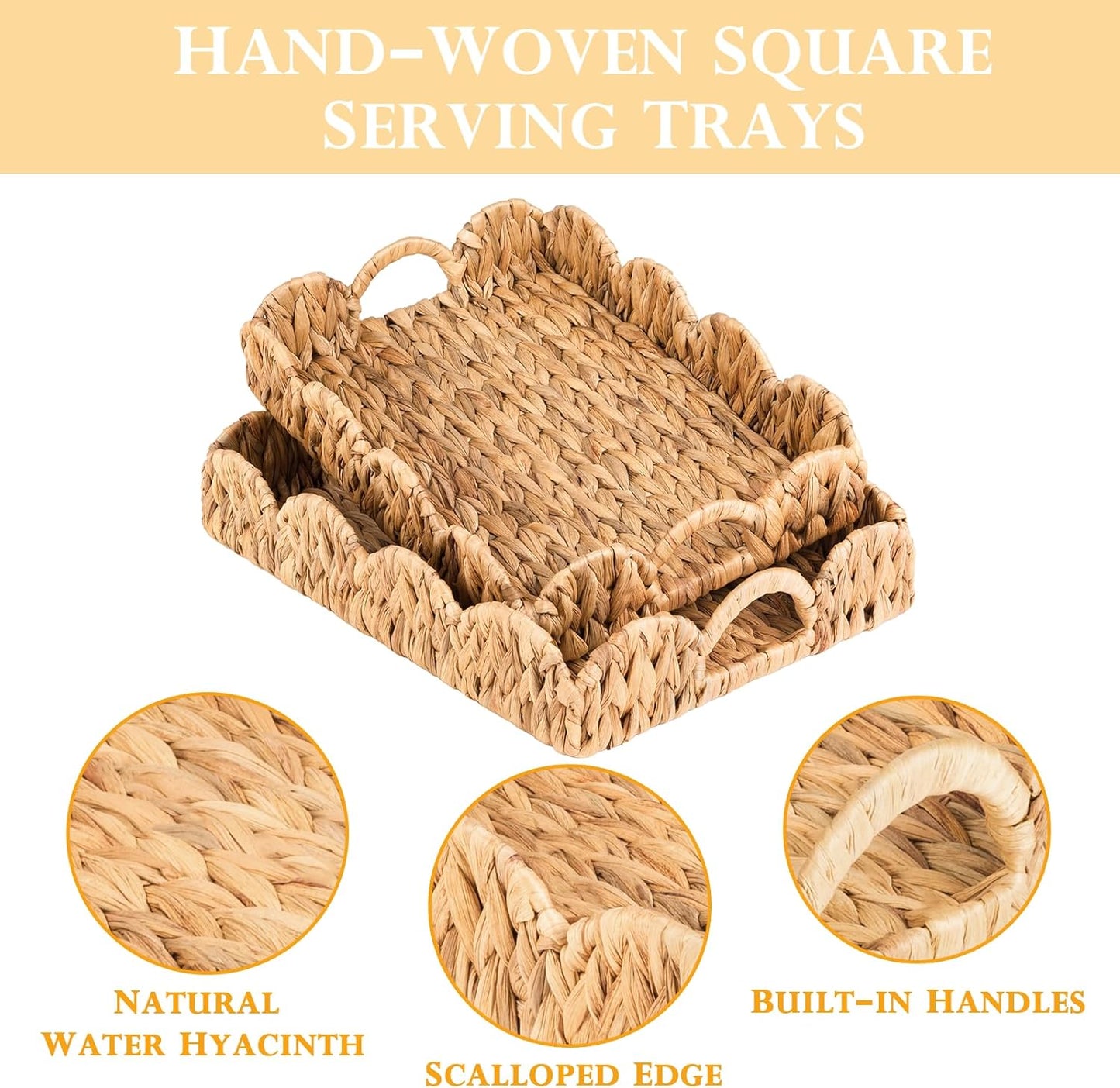 Large Rectangle Serving Tray, 2-Pack Rattan Scalloped Tray with Handles, Wicker Trays for Decor, Hand-Woven Water Hyacinth Coffee Table Tray for Home Decoration