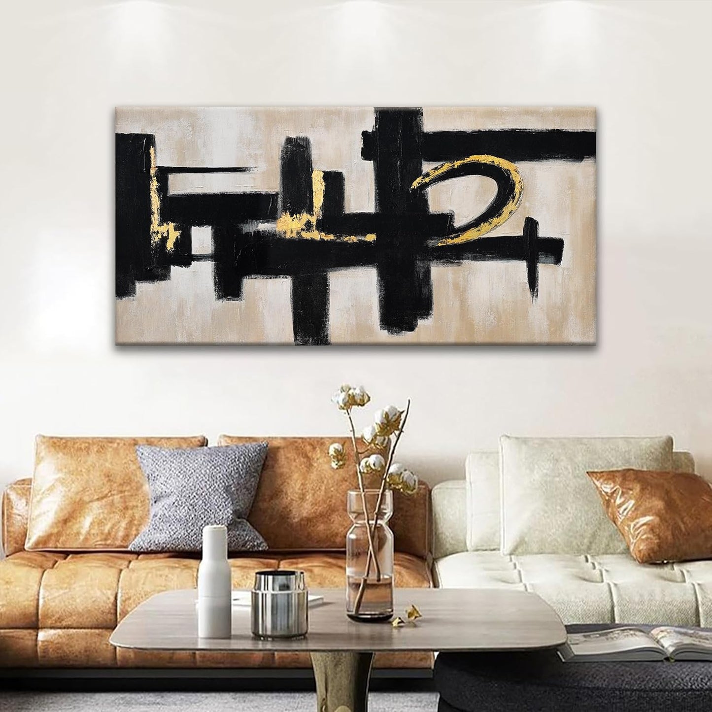 Black And Off-White Abstract Wall Art 24 x 48 Inches Modern Picture Paintings On Canvas Art Wall Decor Minimalist Textured Abstract Wall Decor Painting For Living Room Office Home Wall Decorations