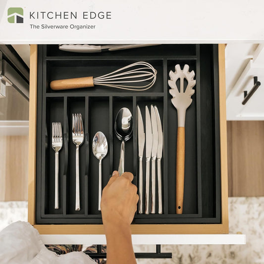 KitchenEdge Premium Silverware, Flatware and Utensil Organizer for Kitchen Drawers, Food-Safe Contract Grade, Expandable from 14.5 to 25 In, Black Bamboo
