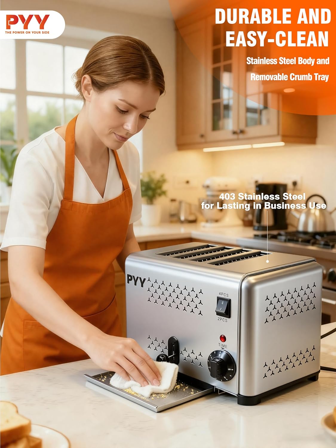 PYY Commercial Toaster 4 Slices - with 2/4 Slice Option, 120Pcs/H, 6-Level Setting Toaster with Removable Crumb Tray, 1.1 inch Wide Slot for Bagel, Bread, 1200W Stainless Steel for Restaurant, Home