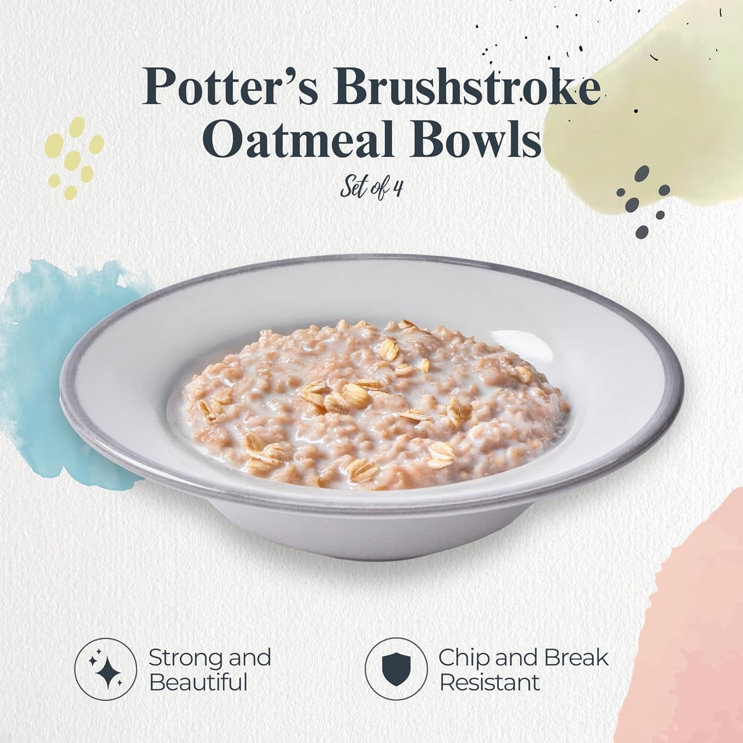 Portmeirion Potter's Brushstroke Oatmeal Bowls (Set of 4) - Elegant Earthenware for Breakfast, Lunch & Dessert - Microwave & Dishwasher Safe Bowls, Handcrafted Stackable Bowl Collection (Grey)
