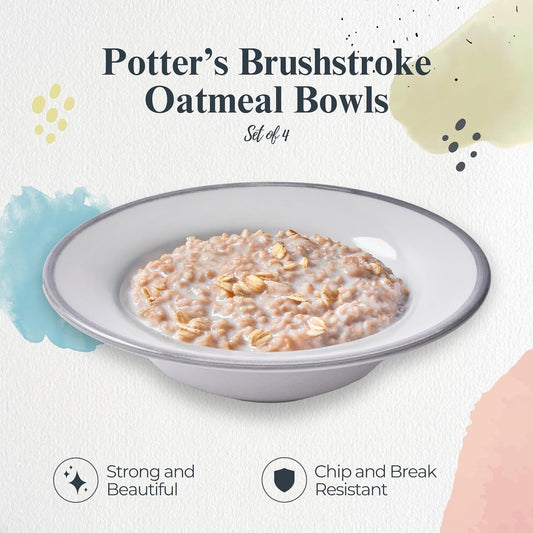 Portmeirion Potter's Brushstroke Oatmeal Bowls (Set of 4) - Elegant Earthenware for Breakfast, Lunch & Dessert - Microwave & Dishwasher Safe Bowls, Handcrafted Stackable Bowl Collection (Grey)