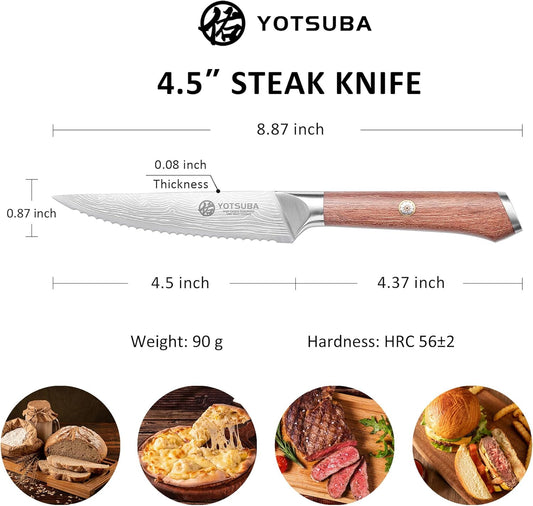 YOTSUBA Steak Knives Set of 6, 4.5 Inch Steak Knife Set, Razor-Sharp High-Carbon Stainless Steel Kitchen Steak Knife with Ergonomic Wood Handle, Dinner Knives with Gift Box