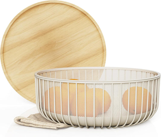 Metal Wire Mesh Fruit Baskets with Wooden Lid - Fly-Proof Indoor Solution for Fresh Fruits - Covered Fruit Bowl - Produce Cover Against Flies for Vegetables - Warm Gray