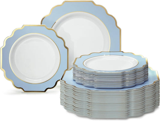 " OCCASIONS " 120 Plates Pack,(60 Guests) Heavyweight Wedding Party Disposable Plastic Plates Set -60 x 10.5'' Dinner + 60 x 8'' Salad/Dessert Plate (Imperial in White/Blue & Gold)