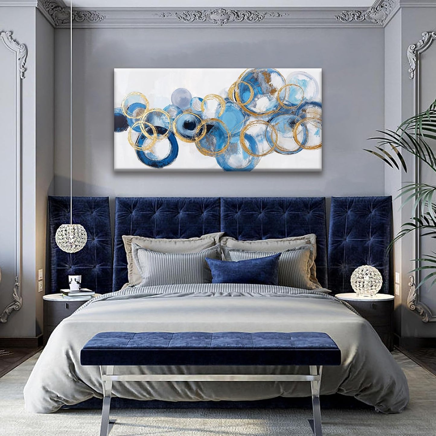 Suconvng Abstract Wall Art Maximalist Canvas Wall Art Decor Prints Blue Gold Circle Modern Abstract Wall Decor Artwork For Living Room Bedroom Kitchen Office Artwork Ready To Hang 24" × 48"
