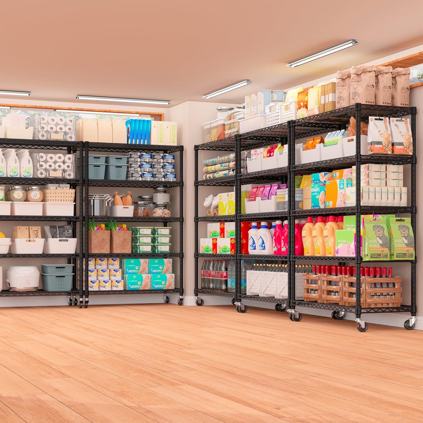 PrimeZone 4 Packs 36" W x 16" D x 79" H Wire Storage Shelves with Wheels, 5 Tier NSF Certified Heavy Duty Adjustable Kitchen Shelving Unit, Pantry Organizer Rack Rolling Metal Shelf for Garage Closet