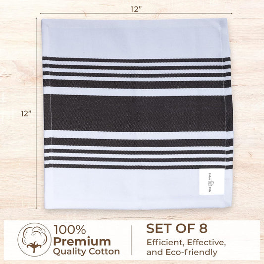 Urban Villa Cotton Dish Cloth Set of 8, Highly Absorbent Super Soft Quick Drying 12x12 Inch Dish Cloths for Kitchen Cleaning & Drying Dishes Mitered Corner Trendy Stripes Kitchen Towels - Grey/White