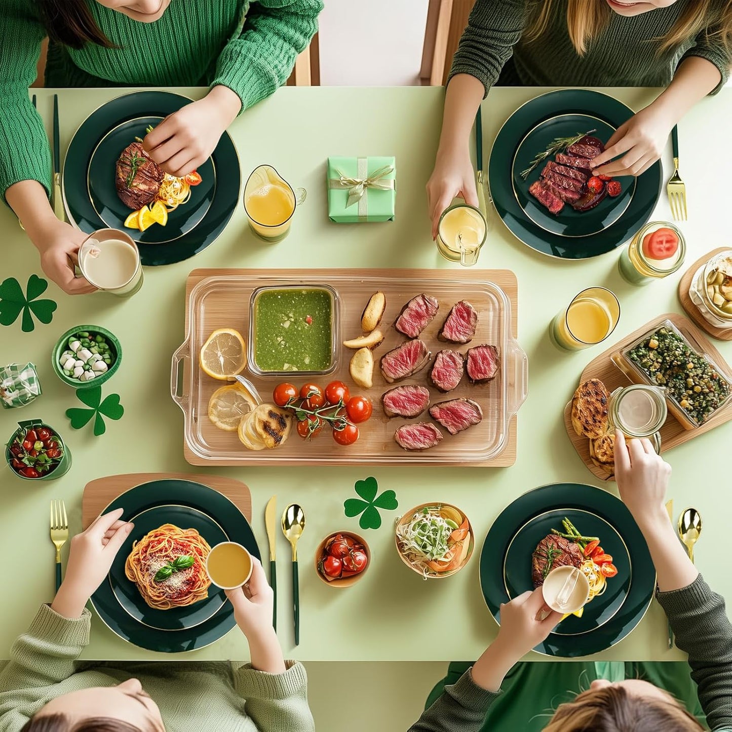 50PCS Green Gold Plastic Plates, Green Disposable Plates for Party, Wedding, Include 25 Dinner Plates, 25 Dessert Plates for 25 Guests