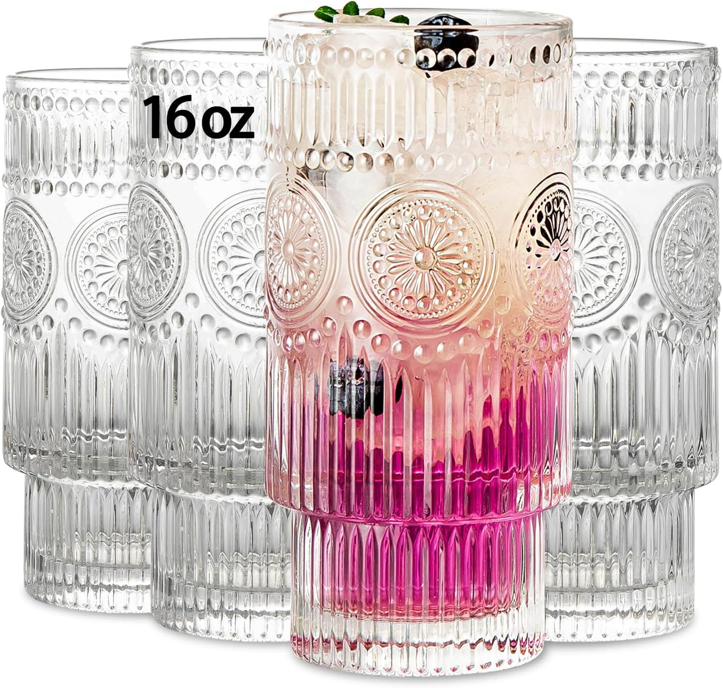 4 Pack Large 16oz Ribbed Glassware Set, Flower Design Stackable Glass Cups, Vintage Textured Clear Striped Drinking Glasses Set, for Bar Beverages,Juice,Water,Cocktail,Iced Coffee