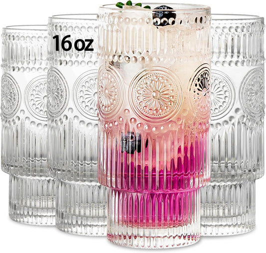 4 Pack Large 16oz Ribbed Glassware Set, Flower Design Stackable Glass Cups, Vintage Textured Clear Striped Drinking Glasses Set, for Bar Beverages,Juice,Water,Cocktail,Iced Coffee