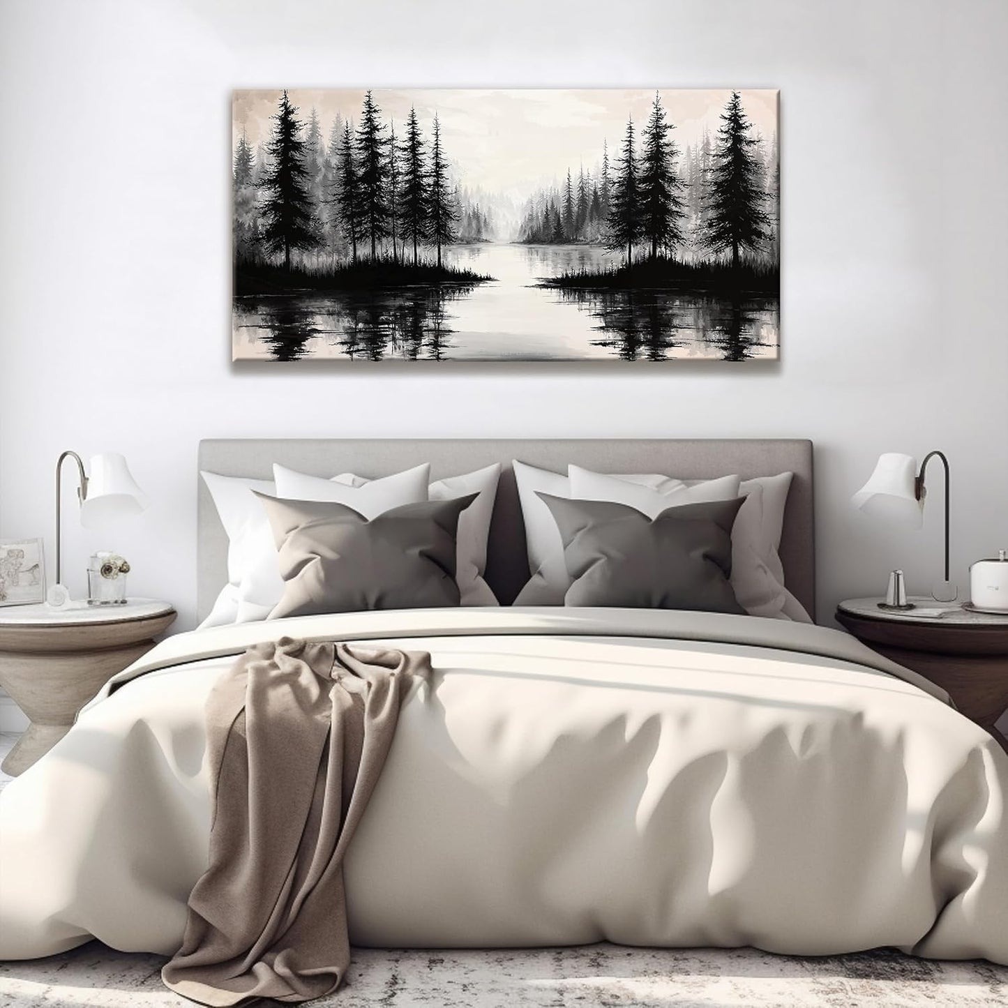 QSQ Black Wall Art For Living Room Canvas Art Wall Decor Print Modern Wall Art Forest River Landscape Painting Picture For Bedroom Office Apartment Hotel Home Wall Decoration 24 X 48 In