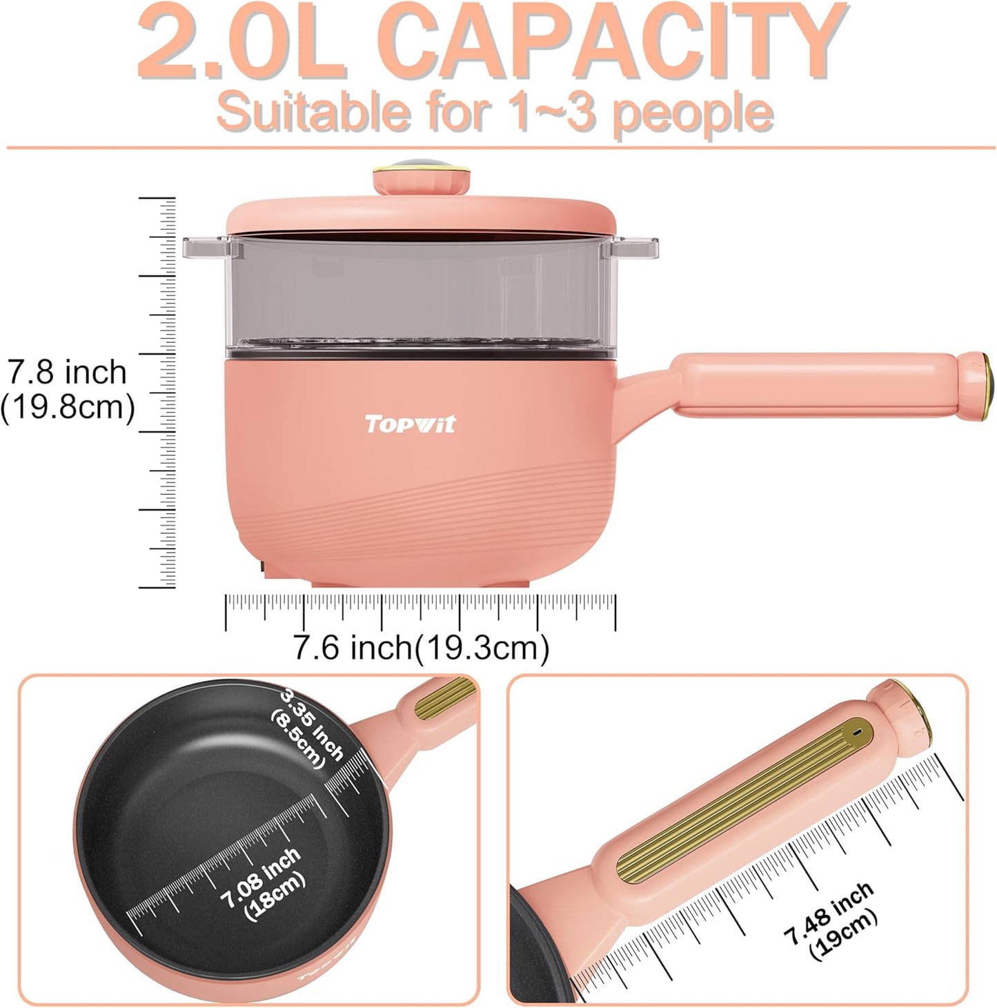 TOPWIT Hot Pot Electric with Steamer, 𝟐𝐋 Electric Pot, Non-Stick Portable Cooker, Portable Pot, Sauté Pan for Steak, Egg, Ramen, Soup with Dual Power Control (Silicone Spatula Included), Peach