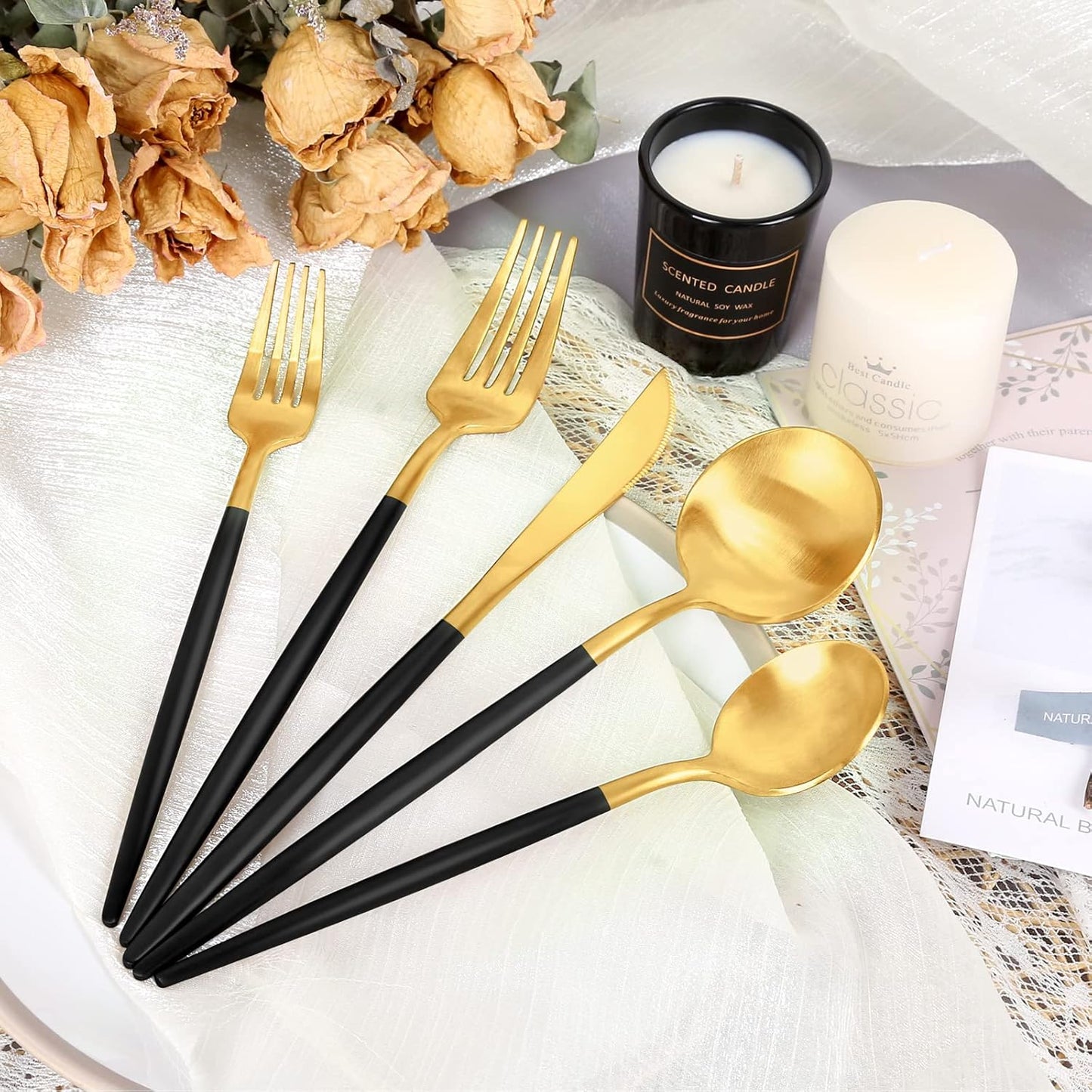 Matte Black and Gold Silverware Set 30 Pieces, FAMEWARE Stainless Steel Flatware Set Service for 6，Tableware Cutlery Set Satin Finished Polished & Dishwasher Safe