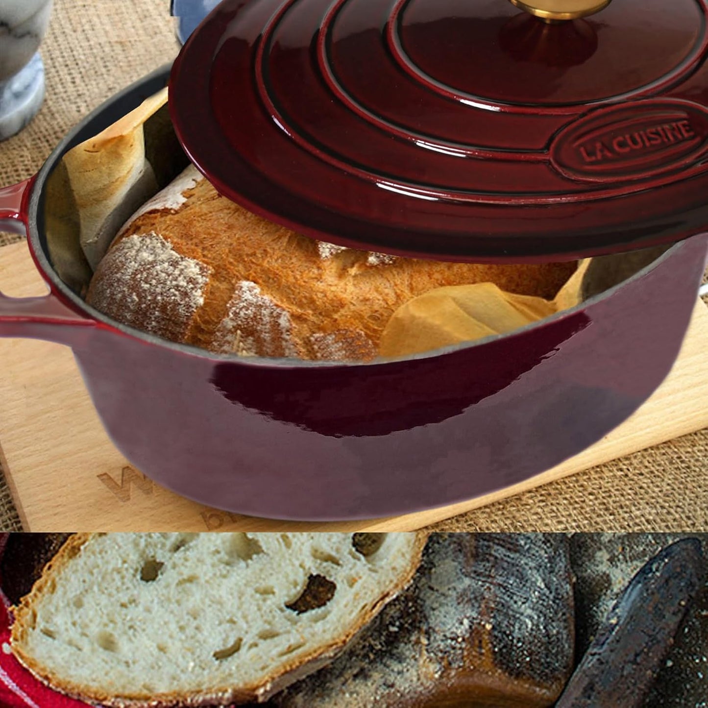 La Cuisine Enameled Cast Iron Oval Dutch Oven Casserole Dish Pot with Lid 5 QT Internal Matte Black Enamel Coating, Cranberry, Gold-Plated Stainless Steel Lid Handle, Oven Safe