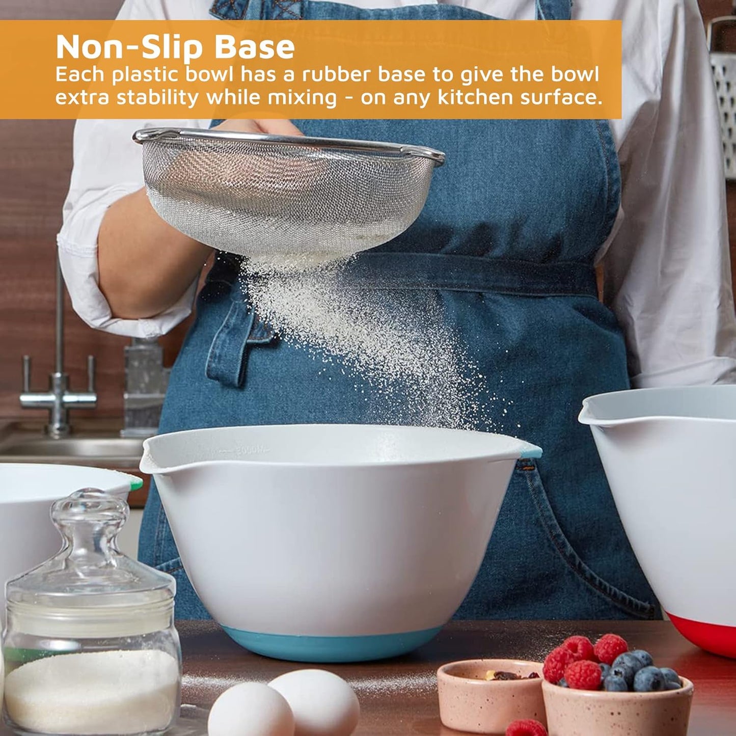 Jean-Patrique Plastic Mixing Bowls for Kitchen - Mixing Bowl Set of 3 - Kitchen Mixing Bowls with Pour Spout and Non-Slip Base - Kitchen Bowls for Prepping & Cooking - Baking Plastic Bowl Set