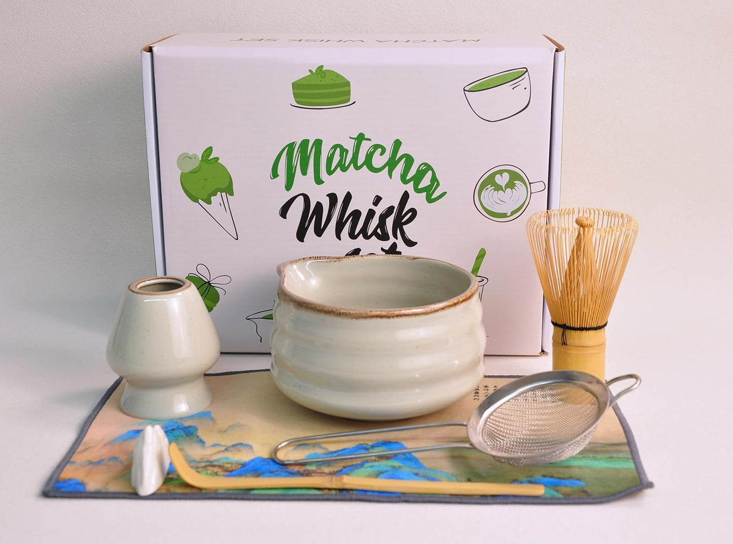 Matcha Whisk Set, Ceramic Matcha Set Includes Matcha Bowl, Matcha Whisk Chasen and Whisk Holder, Sifter, Bamboo Scoop, Scoop Rest and Tea Towel-7 Pcs Matcha Kit for Matcha Lovers, Misty Gray