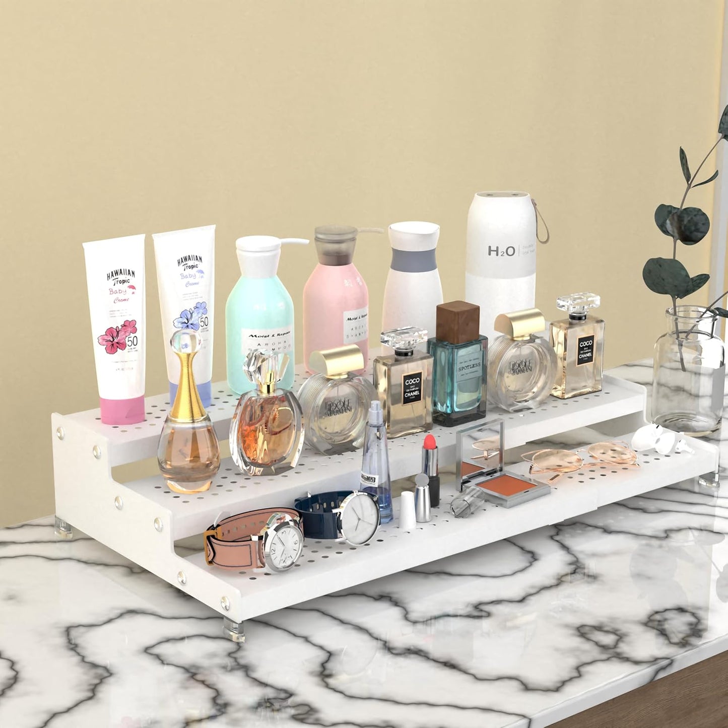 Expandable Spice Rack organizer with 3-Tier step shelf,Modern Design heavy duty,Non Skid and Visibility ,Great for Kitchen Cabinet,Bathroom,dressing table,Cupboard, Pantry and more(2PACKS/WHITE)