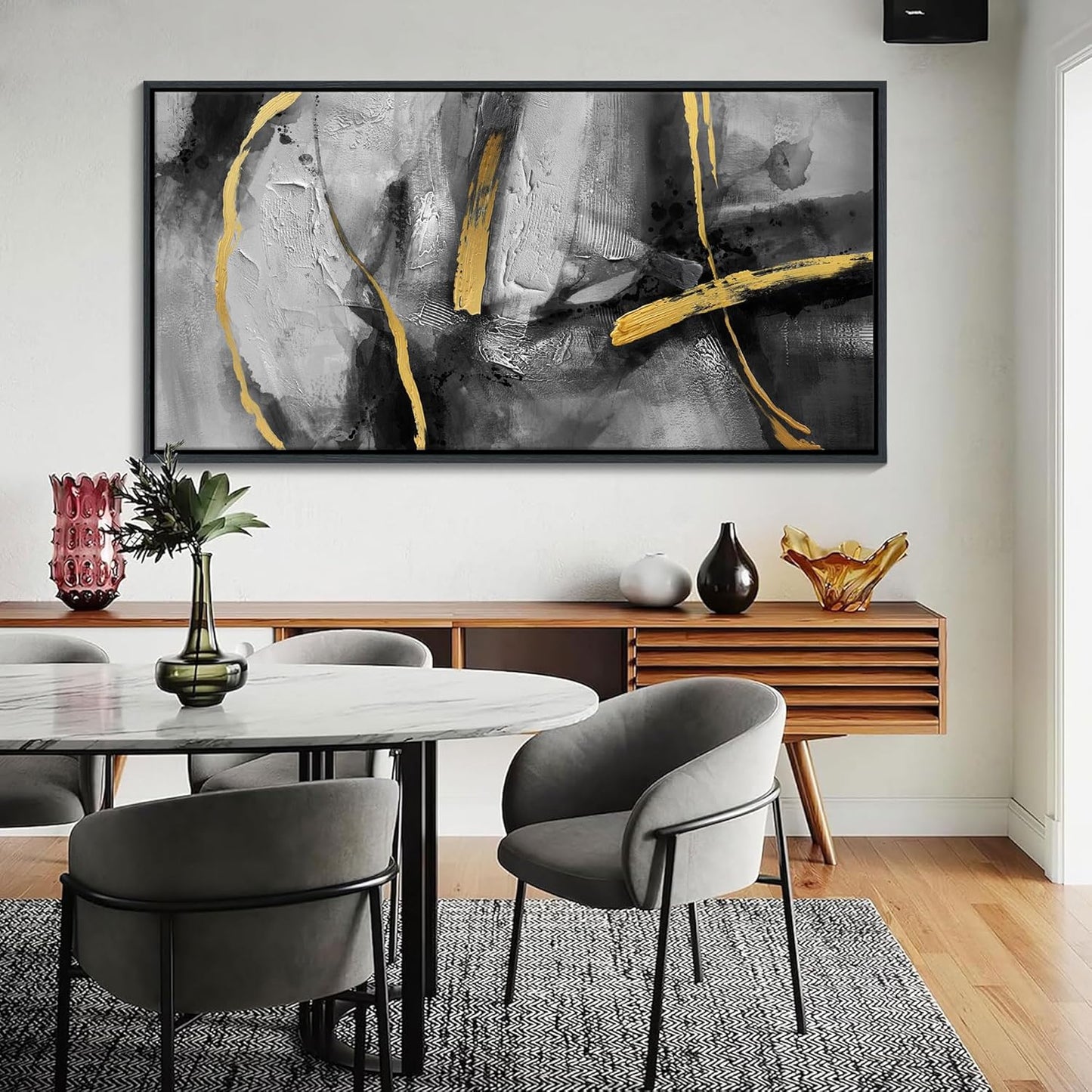 CHATYOUNG Abstract Large Canvas Wall Art for Living Room,Golden Line Canvas Prints, Hand-Painted Bedroom Wall Decor Black Gray Artwork for Home Cafe Kitchen Restaurant Decor, Framed, 29 x 58 In