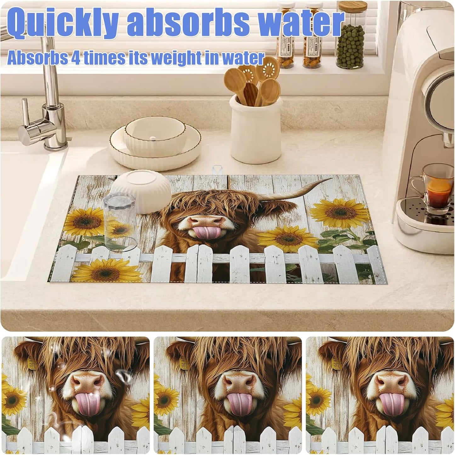 Sunflower Highland Cow Dish Drying Mat for Kitchen Counter Drying Pad Absorbent Reversible Dish Drainer Rack Mats Draining Pad 18"x24"Inch