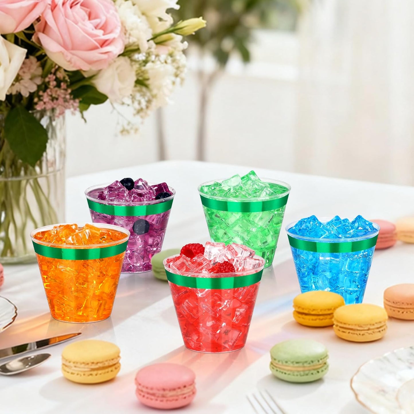 120 Pcs Green Plastic Cups,9Oz Green Rimmed Plastic Cups,Heavy Duty Clear Disposable Plasitc Cocktail Tumblers Wine Cup for Party,Wedding,Birthday,Christmas