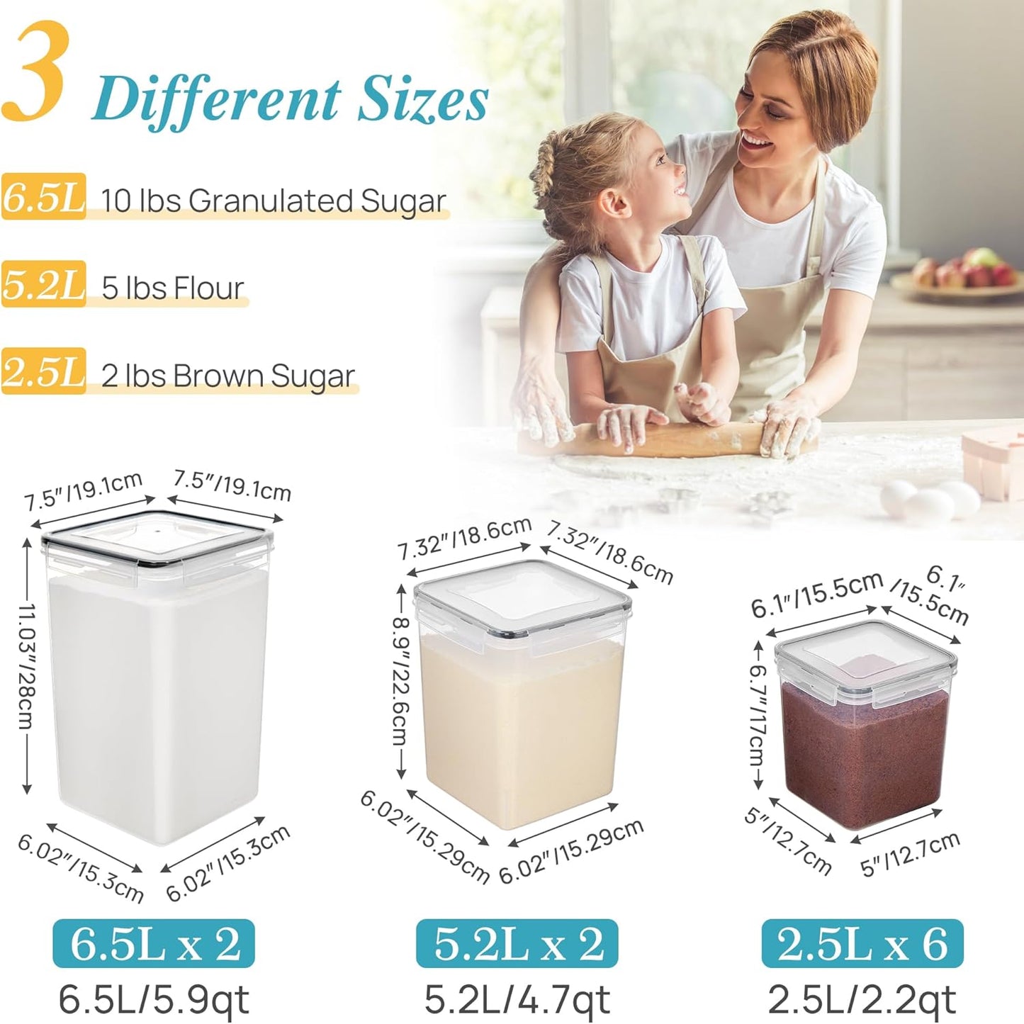 Vtopmart 10 PCS Flour and Sugar Storage Container, Large Airtight Food Canisters with Lids for Kitchen, Pantry Organization, BPA Free, Black