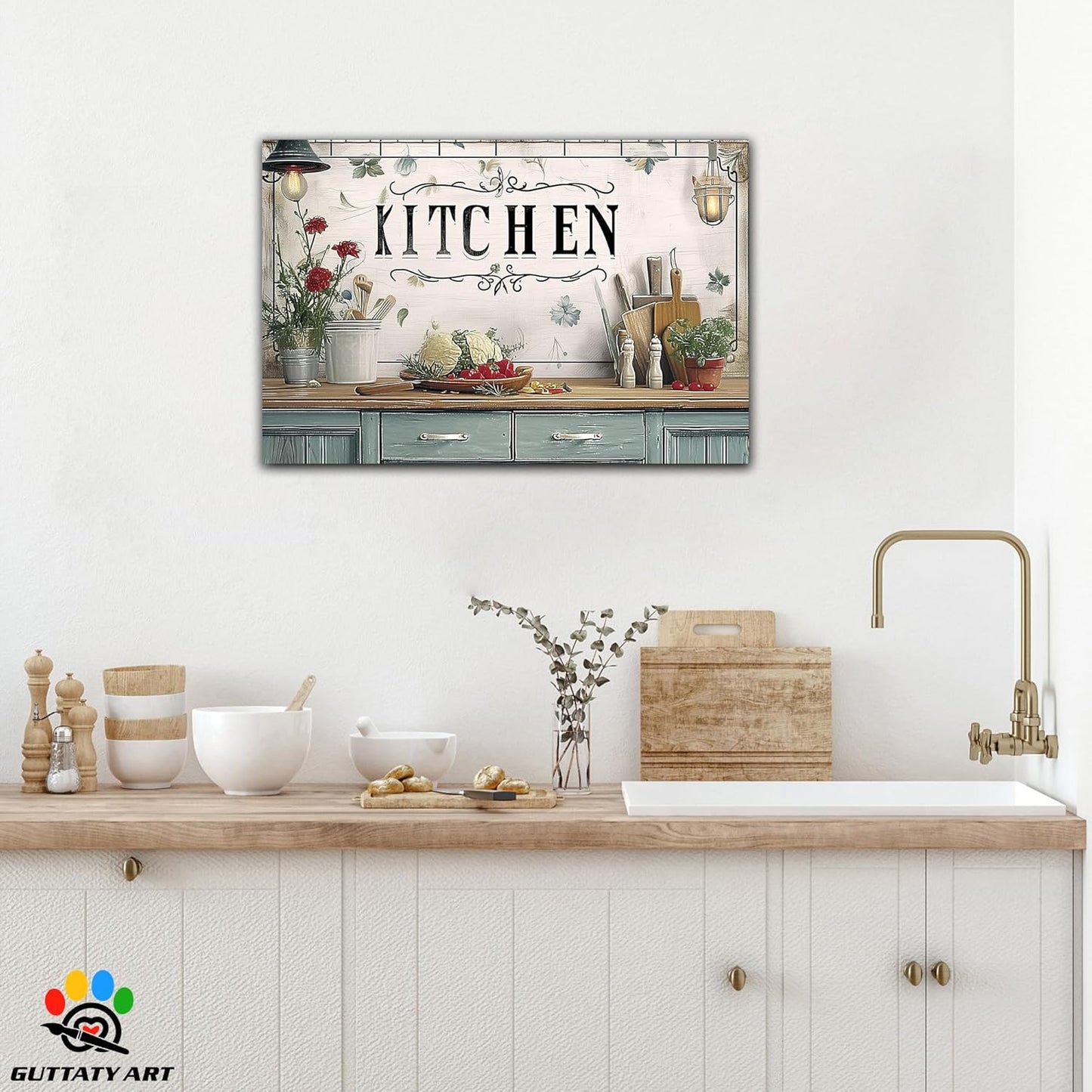 GUTTATY Kitchen Pictures Wall Art, Farmhouse Flowers and Utensils Painting for Dining Room Restaurant Decor, Mother's Day Gift for Grandma Mom Hanging Artwork 1824 Inch