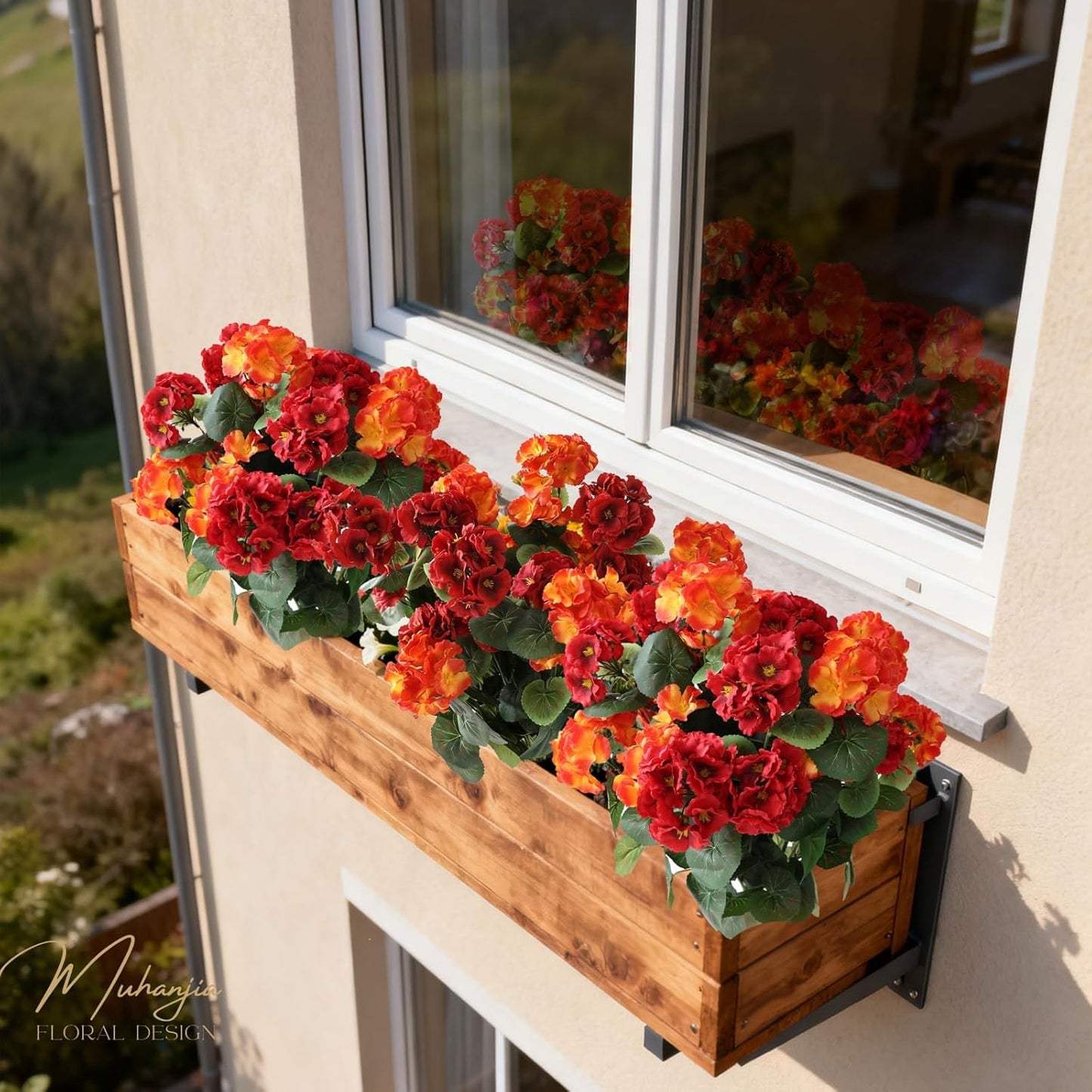 26’’ Artificial Geranium Flowers for Outdoor Decoration,2PCS Silk Geranium Flowers UV Resistant Floor Plants for Garden Porch Patio Table Centerpieces Home Decor (Red&Orange)