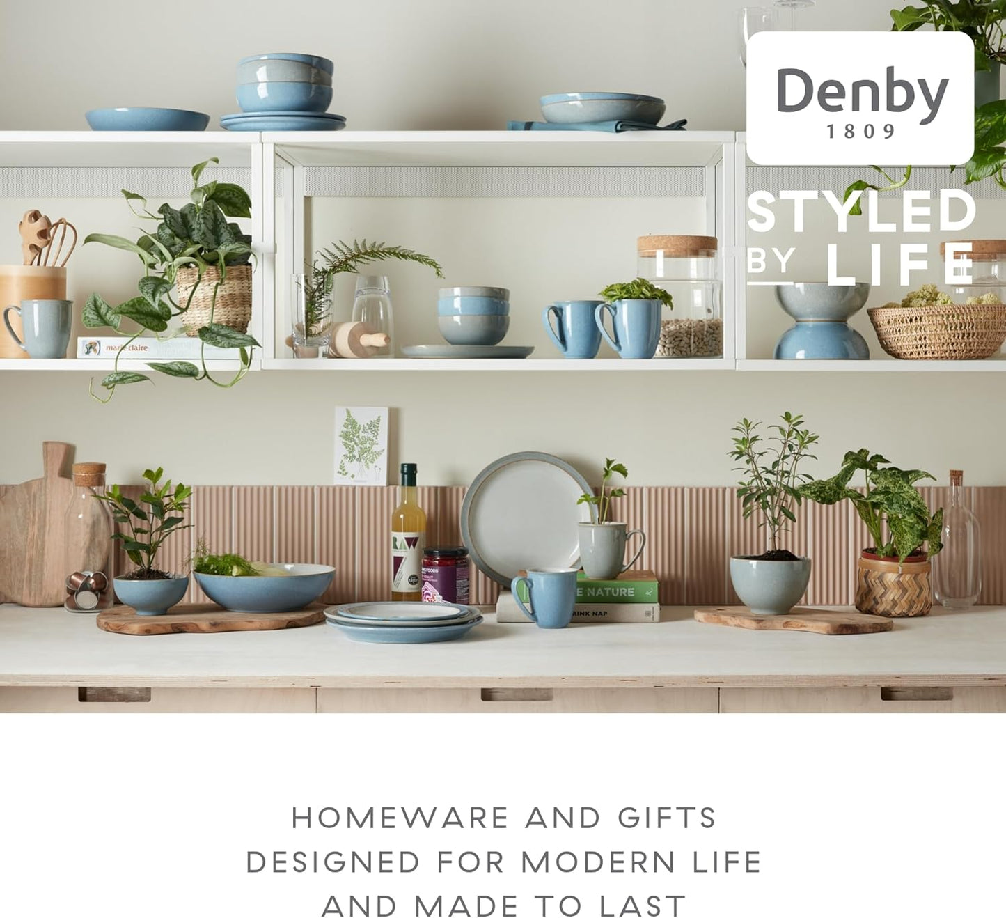 Denby - Elements Blue Coupe Salad Plates Set of 6 - Dishwasher Microwave Oven Safe - Scratch Chip Resistant Lunch, Appetizer, Dessert Plates - 8.25 Inch Ceramic Stoneware Dinnerware Set