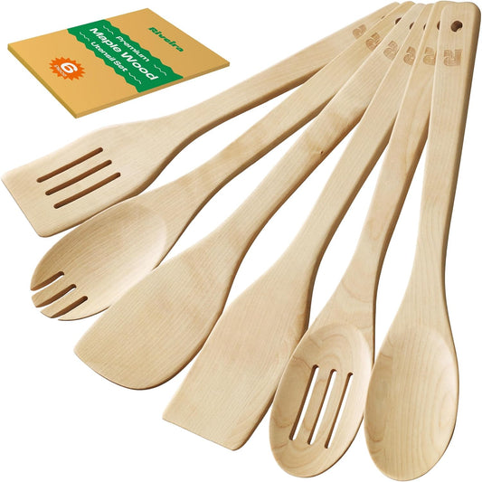 Riveira Maple Wooden Cooking Utensils Set of 6 Premium Non-Toxic Wooden Spoons & Spatula for Cooking