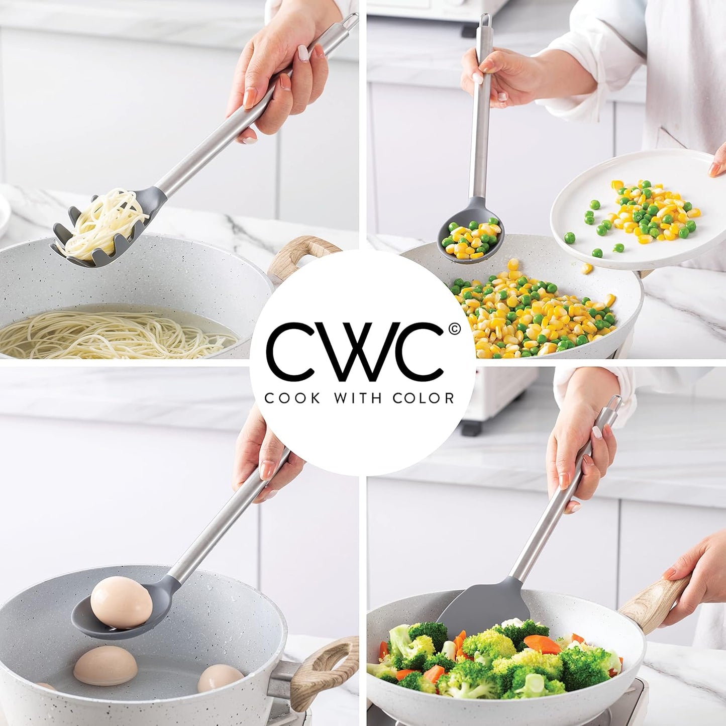 COOK WITH COLOR Silicone Cooking Utensils, Kitchen Utensil Set, Easy to Clean Silicone Kitchen Utensils, Cooking Utensils for Nonstick Cookware, Kitchen Gadgets Set, 5 Pieces, Gray - Stainless Steel