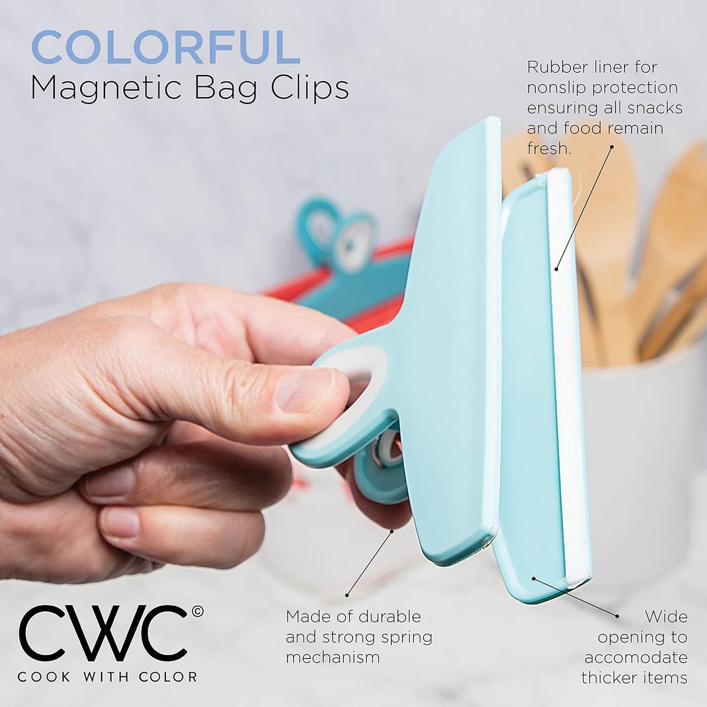 COOK WITH COLOR Bag Clips - Heavy Duty Chip Clip and Refrigerator Magnet Clips for Food Storage with Air Tight Seal Grip, Bright Colors, Pack of 4 Large Clips
