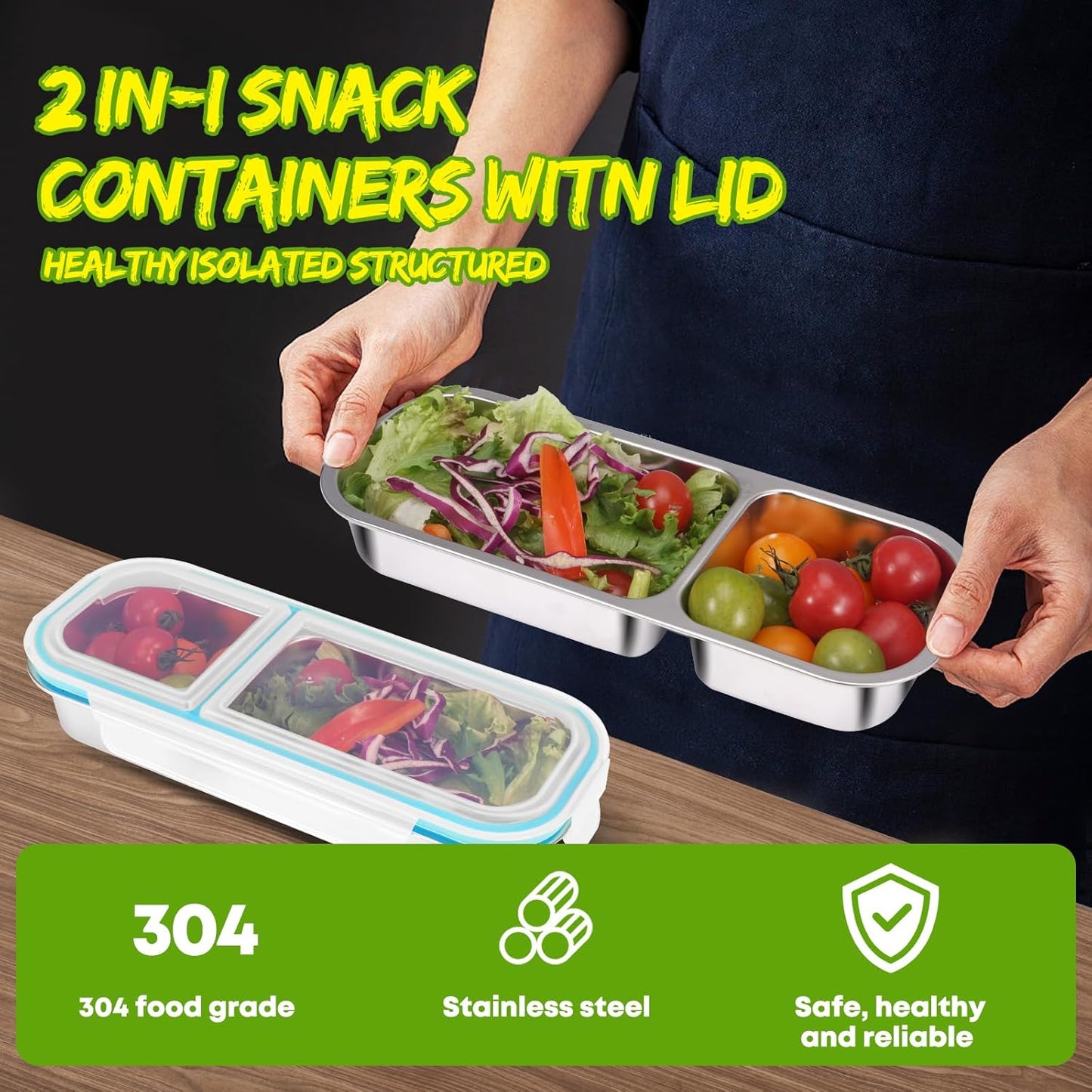 2 Pack Stainless Steel Snack Containers with Lids - Reusable 2 Compartment Snackle Box Container Divide Wet Dry Leakproof Metal Food Storage Containers for School, Home, Travel (Blue + Green)
