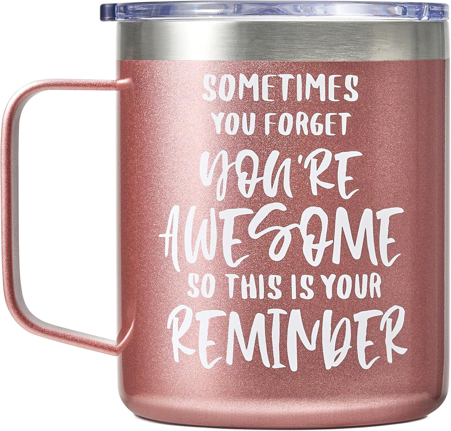 SUNWILL Insulated Coffee Mug with Lid, Birthday Gifts for Women, Stainless Steel Coffee Cup, Inspirational Sometimes You Forget You're Awesome Gifts for Mom, Best Friend, Her- 14oz Rose Gold