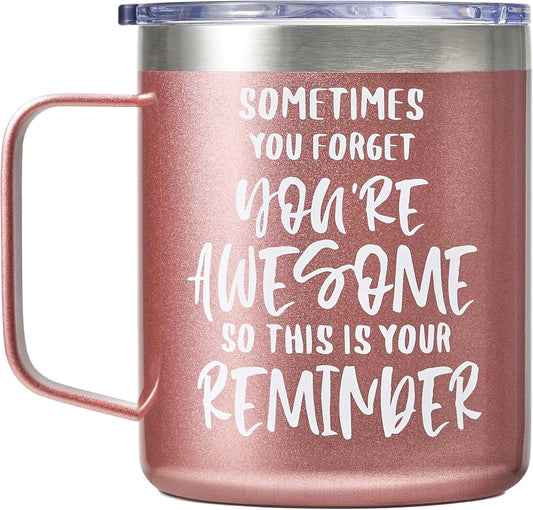 SUNWILL Insulated Coffee Mug with Lid, Birthday Gifts for Women, Stainless Steel Coffee Cup, Inspirational Sometimes You Forget You're Awesome Gifts for Mom, Best Friend, Her- 14oz Rose Gold