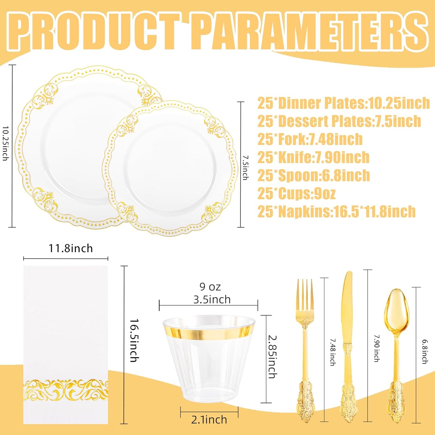 Ciaell 175 PCS White and Gold Plastic Plates - Fancy Gold Disposable Dinnerware Set with of 50 Plastic Plates, 25 Knives, 25 Forks, 25 Spoons, 25 Cups, 25 Napkins for Wedding, Party &Thanksgiving