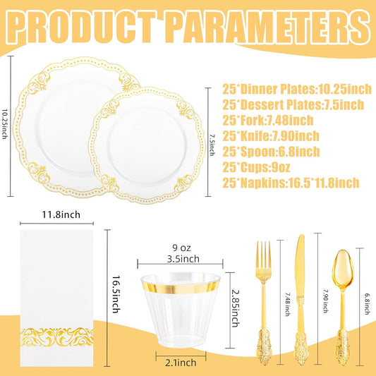 Ciaell 175 PCS White and Gold Plastic Plates - Fancy Gold Disposable Dinnerware Set with of 50 Plastic Plates, 25 Knives, 25 Forks, 25 Spoons, 25 Cups, 25 Napkins for Wedding, Party &Thanksgiving