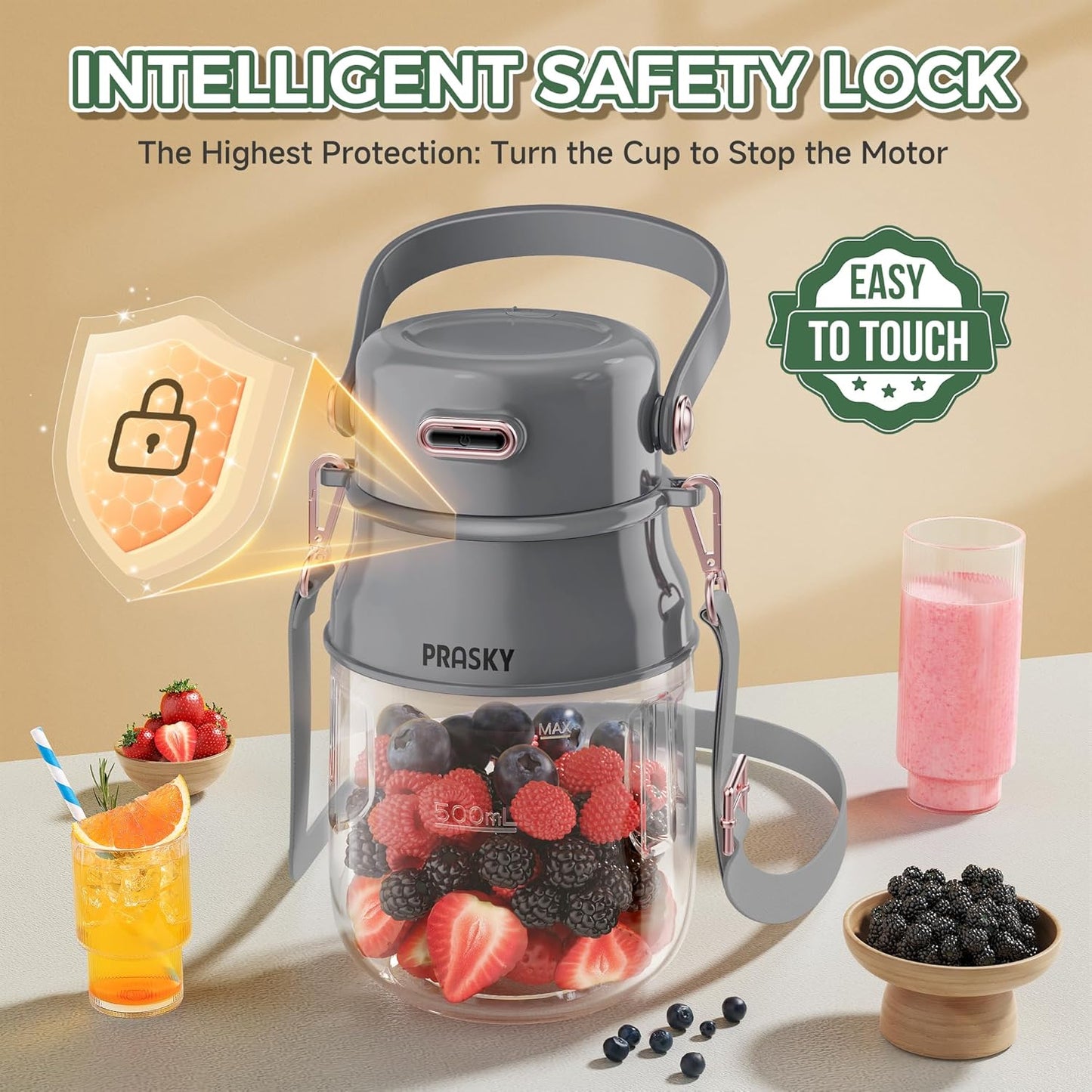 Portable Blender, Prasky Personal Blenders for Shakes and Smoothies with 27oz Cup, Lid and Shoulder Strap, Type-C USB Rechargeable, Personal Size Blenders BPA-free for Travel/Kitchen (Light Gray)