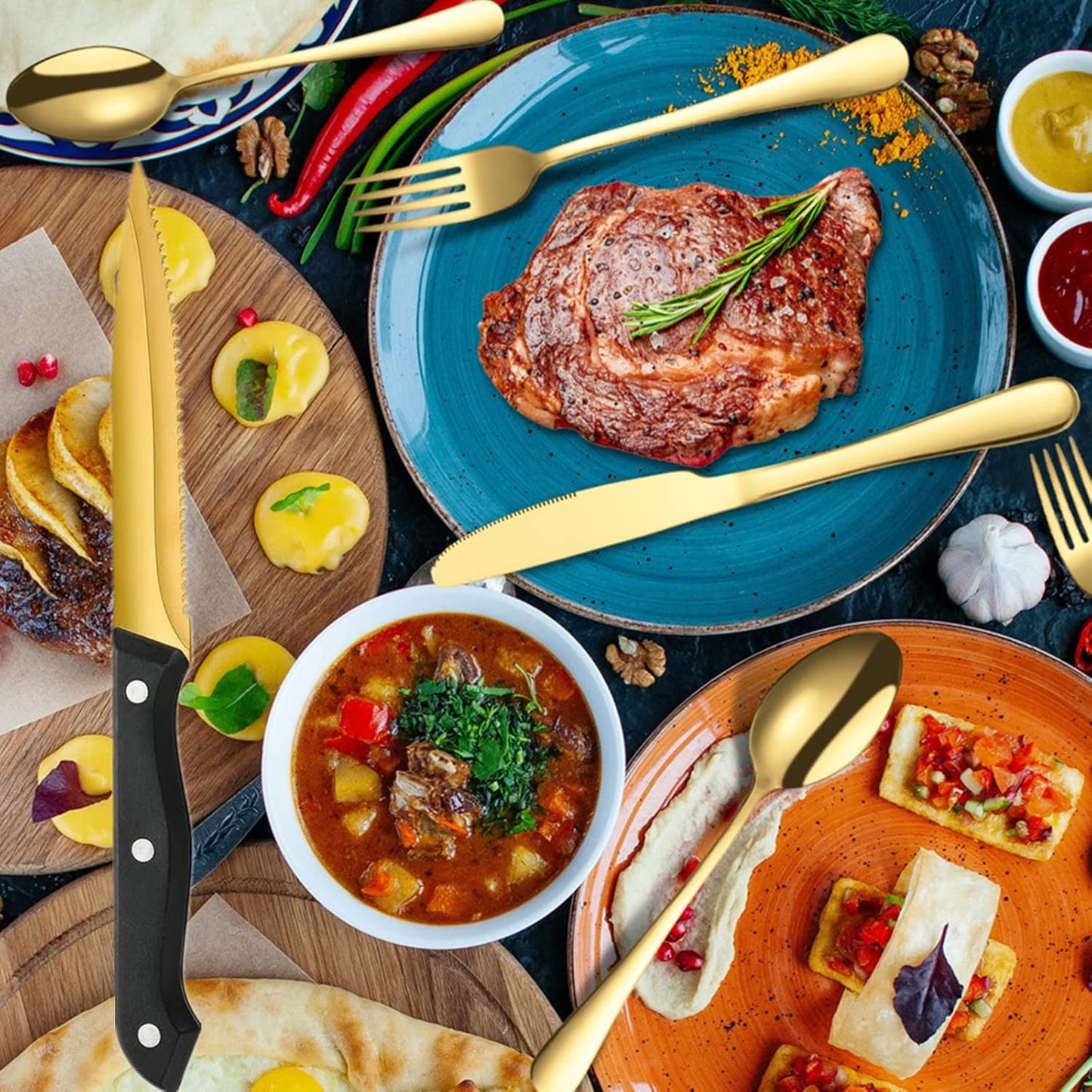 Gold Flatware Set For 4 Silverware Stainless Steel Forks and Spoons Knives Cutlery 24 Pieces Kitchen Utensils Parties Festival Casual or Formal Occasions