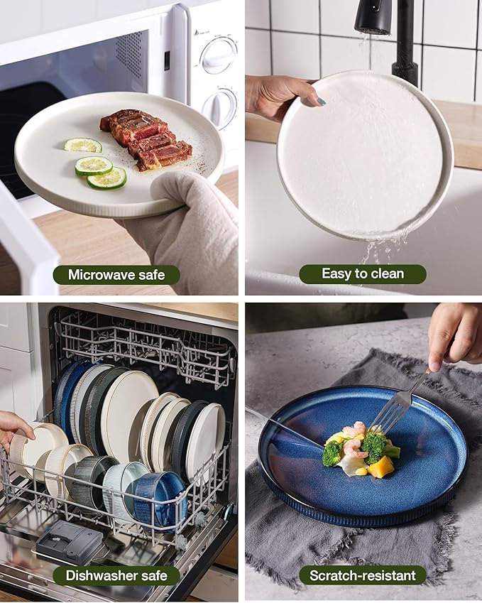 Famiware Star Dinnerware Set with Pasta Bowls, Service for 6 (24 Pieces), Ribbed Stoneware Plates and Double Bowls Sets - Chip & Scratch Resistant, Microwave & Dishwasher Safe Dishes, Matte White