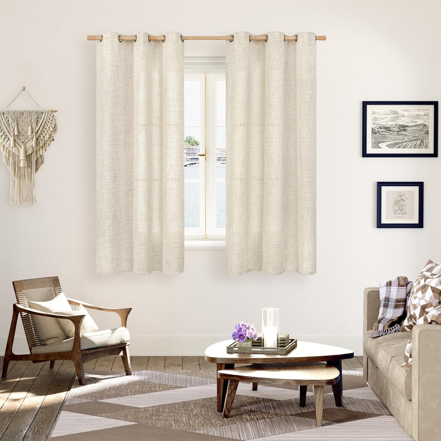 YoungsTex Linen Curtains 63 Inch Length for Living Room - Cream Semi Sheer Window Drapes Light Filtering with Bronze Grommet Textured Rustic for Bedroom Dining Farmhouse, 2 Panels, 42 x 63 Inch