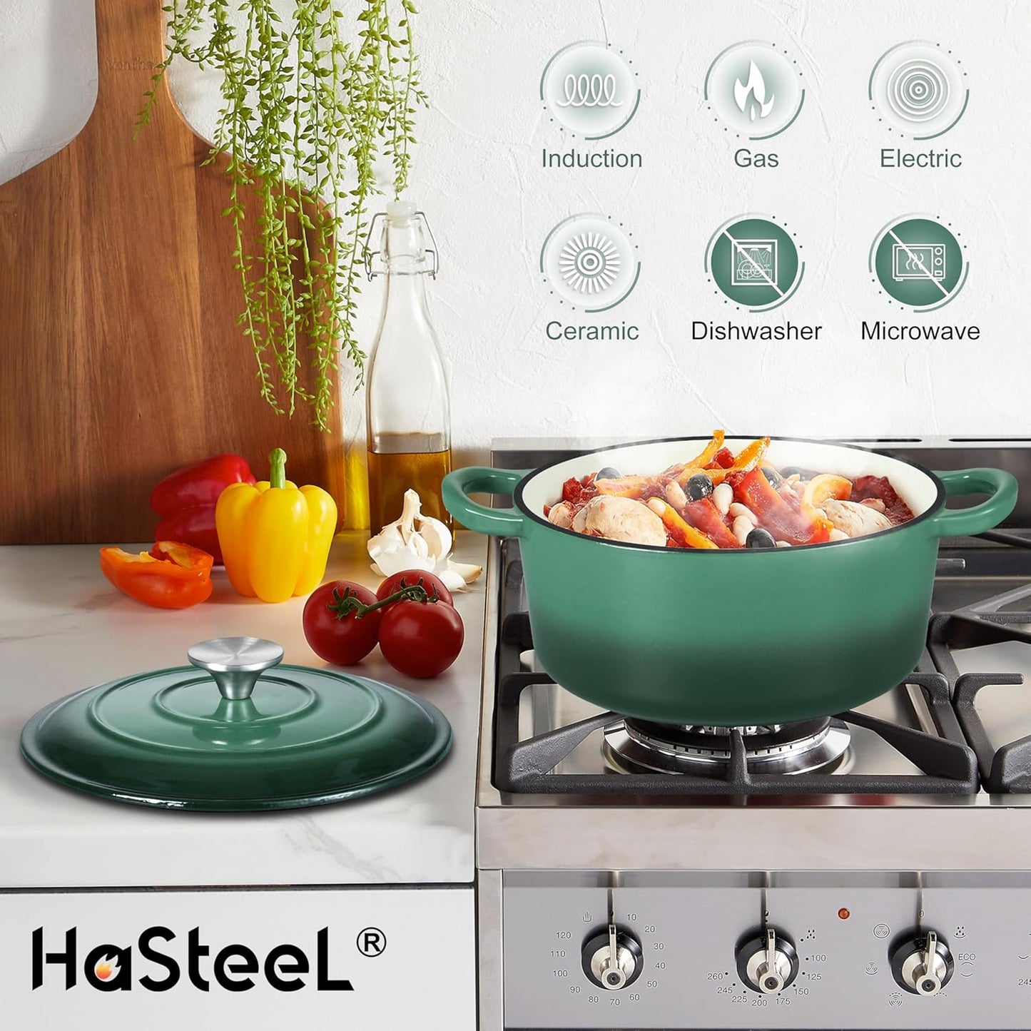 Small 3 Quart Dutch Oven, HaSteeL Round Cast Iron Cooking Pot with Lid, Nonstick Enameled Cookware for Sourdough Bread Baking Roasting Stewing Braising Frying, Heavy Duty & Oven Safe 500℉, Bamboo