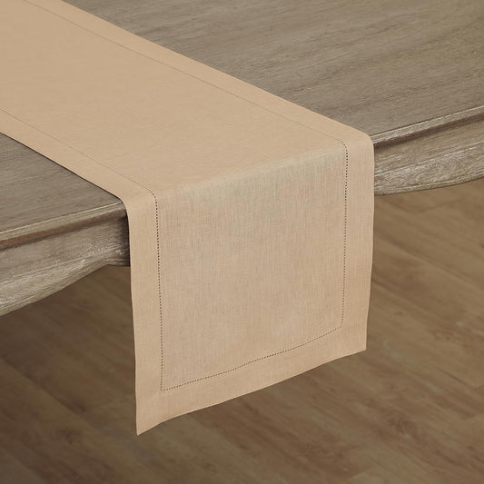 Solino Home Linen Beige Table Runner 108 Inches Long - 100% Pure Linen 14 x 108 Inch Table Runner for Fall, Autumn, Thanksgiving, Christmas - Classic Hemstitch